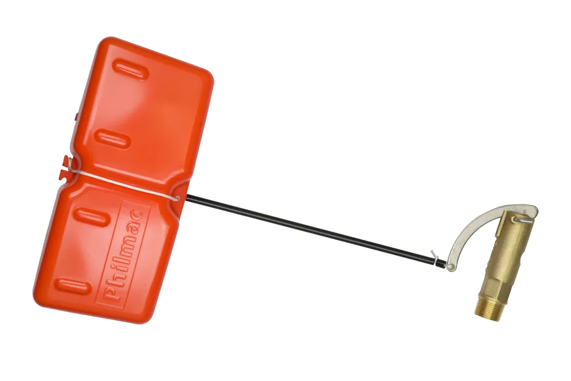Philmac StockPHIL float valve with brass body and orange wall‑hugging float for livestock troughs.