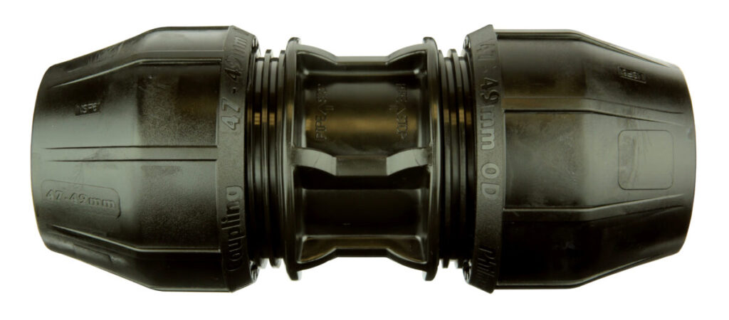 Universal repair coupler that connects and restores compatibility between different pipe materials and sizes without disassembly.