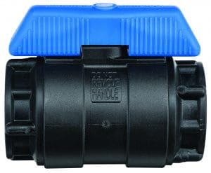 Philmac tee‑handle ball valve with female NPT × female NPT threaded ends and blue handle.