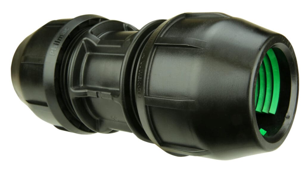Large bore IPS‑OD compression coupler for securely joining two HDPE pipes using a Slide & Tighten™ connection.