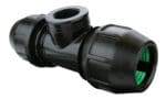 Large bore IPS‑OD female tee coupler featuring a female NPT outlet for connecting HDPE pipe to threaded system components.