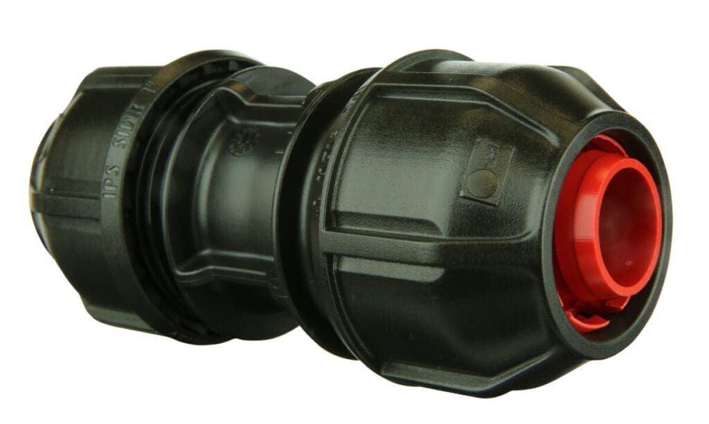 SIDR compression coupler designed to join two inside‑dimension HDPE pipes using a secure Slide & Tighten™ connection.