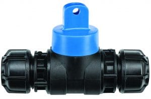 Philmac straight curb stop with ratcheting blue handle and IPS‑ID × IPS‑ID connections.