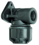 IPS‑OD wall plate elbow providing a fixed‑mount female NPT threaded outlet for HDPE service connections.